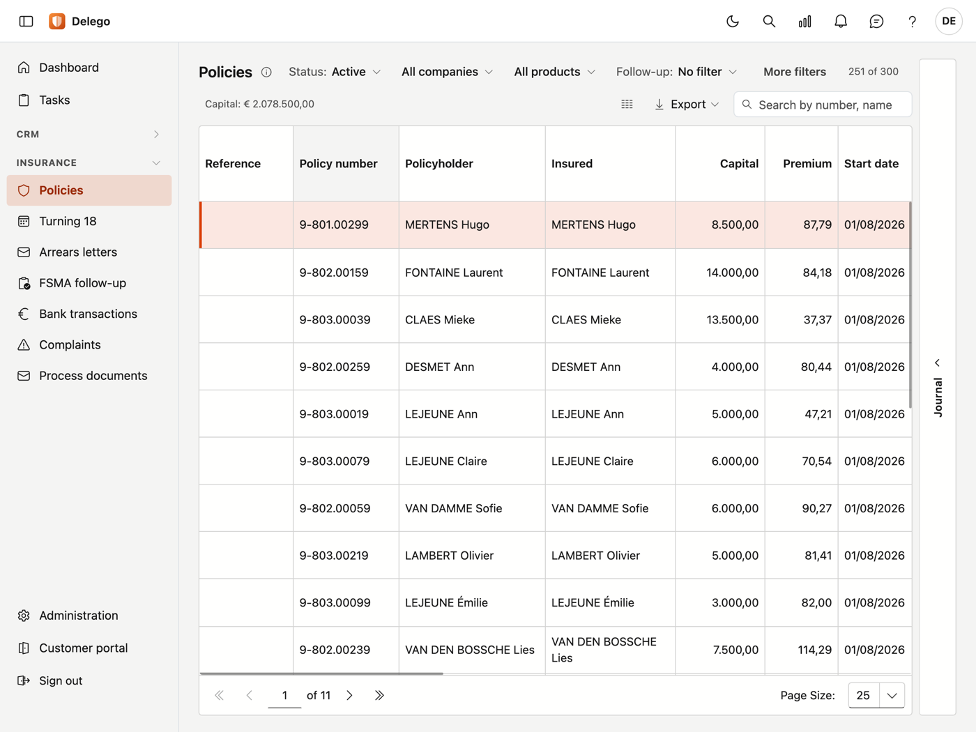 The list of policies, with filters and the total capital.