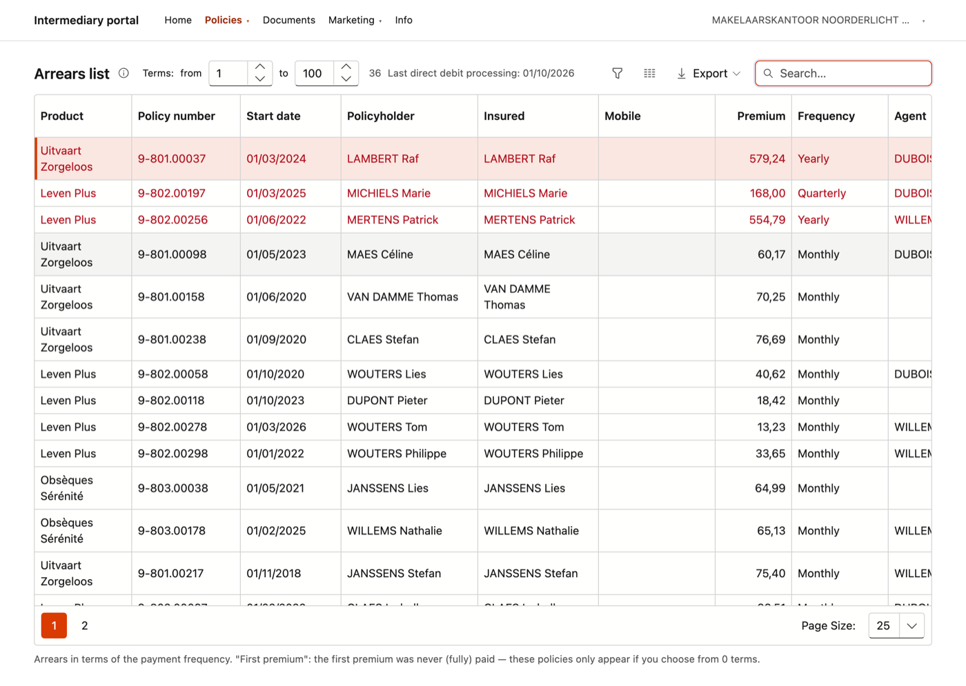 The arrears list in the portal, with only that broker's policies.