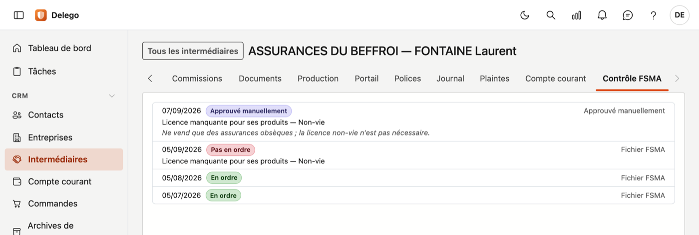 L'historique FSMA d'un courtier, avec une approbation manuelle.